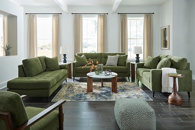 Signature Design by Ashley Bixler Mid-Century Modern Tufted Loveseat with 2 Toss Pillows Green