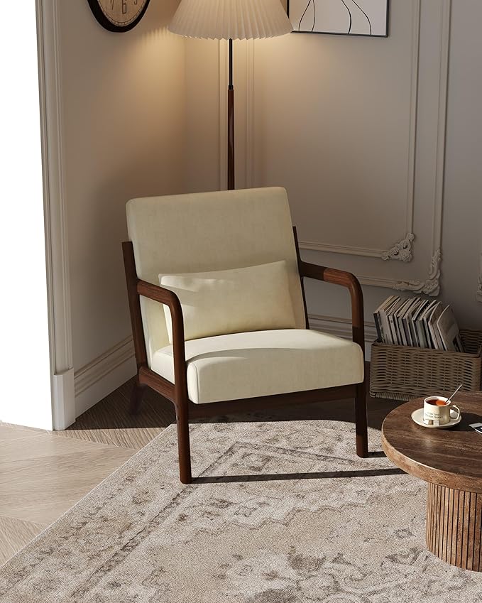 Garvee Mid-Century Chenille Accent Chair Cozy Reading Chair Modern Lounge Armchair with Lumbar Pillow Solid Wood Frame for Living Room Bedroom Office Beige