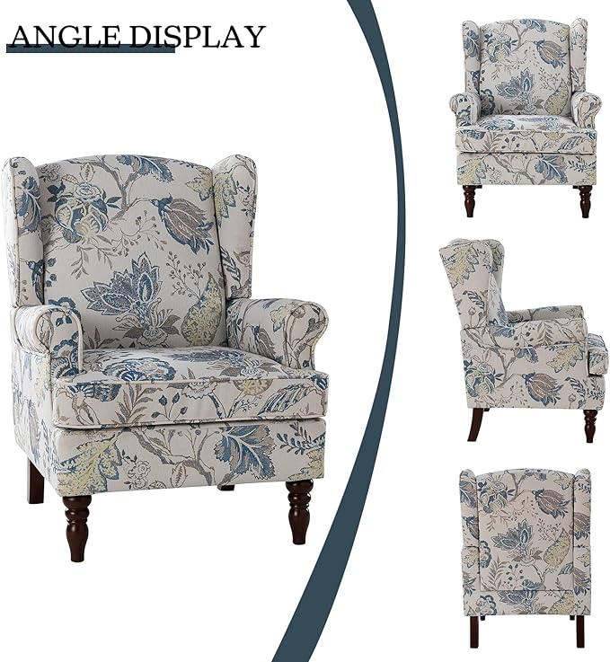 HULALA HOME Wingback Accent Chairs Set of 2 with Retro Wood Legs Traditional Fabric Armchairs for Living Room Bedroom Comfy Upholstered Sofa Chairs Reading Chairs with Unique Pattern Design Blue