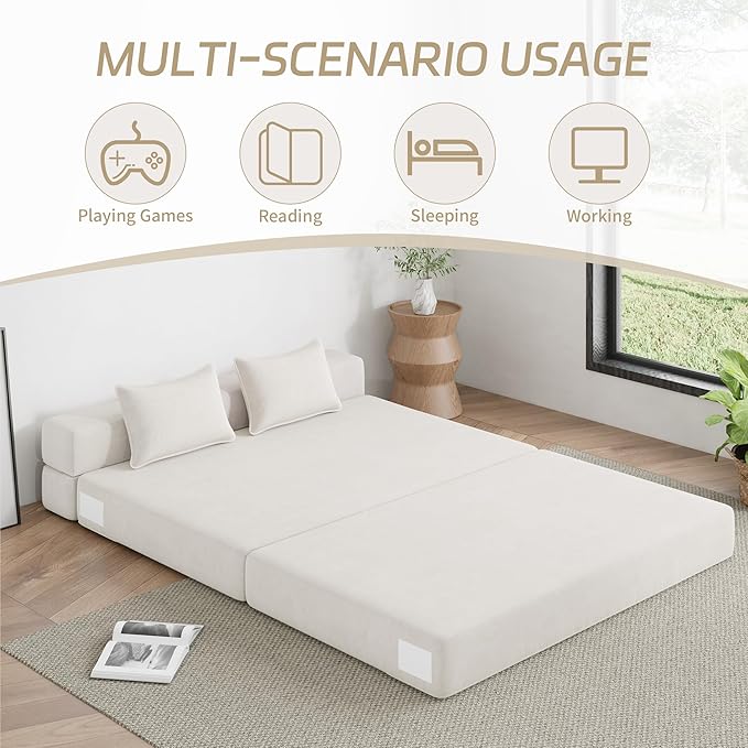 Luoxiao Folding Sofa Bed Foldable Full Lazy Floor Couch for Adults with Pillows Portable Convertible Futon Sleeper Chair for Small Space/Guest Room Washable Cover High-Density Foam Beige