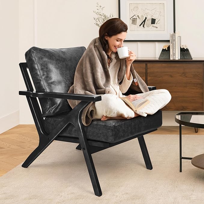 Mid-Century Modern Accent Chairs with 1 pcs Ottoman PU Leather Fabric Thicker Upholstered Armchair for Bedroom Living Room Black