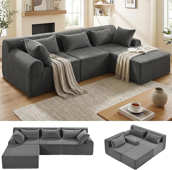 Oversize Boneless Couch for Living Room Comfort L Shaped Cloud Couch Sectional with Deep Seat and Movable OttomanModular Sectional Sofa with 5 PillowsNo Assembly RequiredGrey