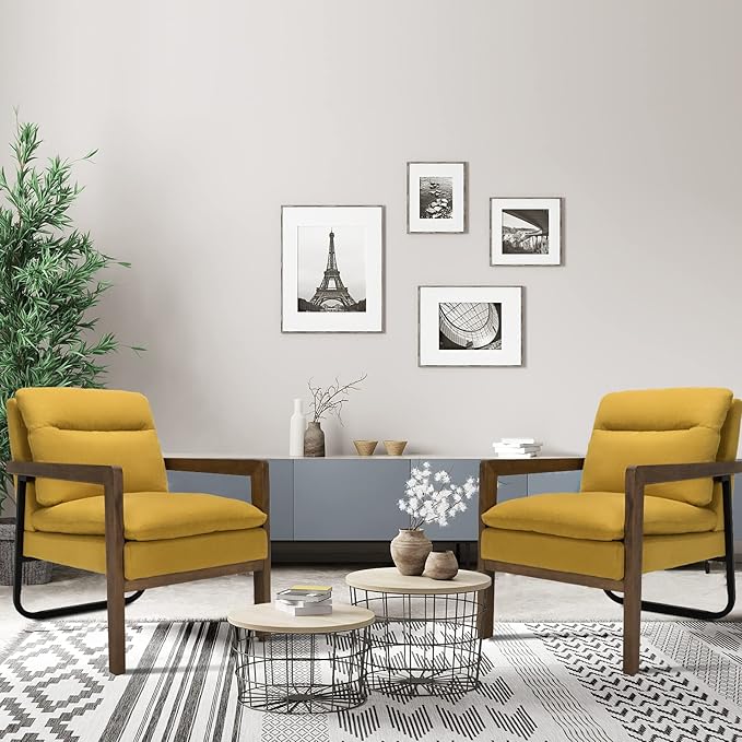 Giantex Set of 2 Accent Chair Comfy Soft Bedroom Chair with Solid Rubber Wood Legs Rear Steel Bracket Non-Slip Foot Pads Detachable Cushions Mid-Century Modern Living Room Chairs Yellow