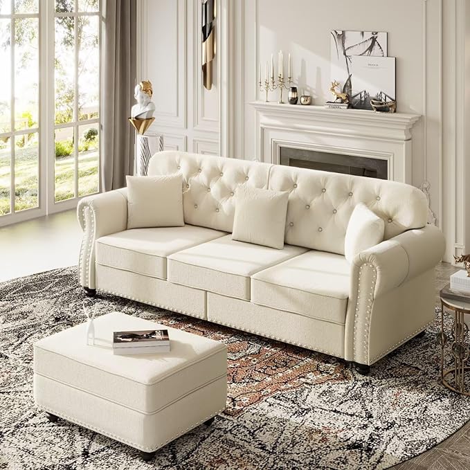 Beige Tufted Chesterfield Sofa Set with Rolled Arms &amp Nailhead Trim Velvet Upholstered Living Room Couch with Ottoman 3-Seater &amp Loveseat Solid Wood Frame Modern Classic Design