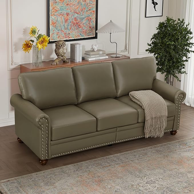 KEIKI 82.68 Chesterfield Sofa Retro Style Upholstered Faux Leather PU Couch with Storage Space Rolled Arm Nailhead for Living Room Bedroom Office Apartment Gray