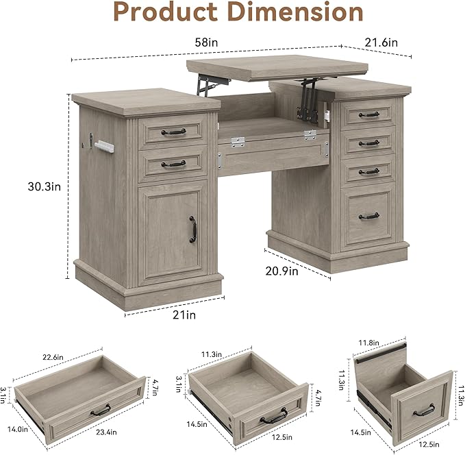 Farmhouse 57 Lift Up Executive Desk with 5 Drawers and Charging Station Wood Home Office Computer Desk with File Cabinet Storage Keyboard TrayHeadphone Hook for WorkStudy (Grey)