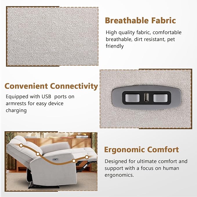 ANJ Power Reclining Loveseat Sofa for Living Room 80 Wide Overstuffed 3 Seater Electric Reclining Couch Recliner with ErgonomicModern Soft Fabric Double Recliner SofaLight Grey