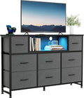 DUMOS TV Stand Dresser with 8 Fabric Drawers and Open Shelves LED Entertainment Center with Charging Station Wood Top Media Console for 45-55 inch Bedroom Grey