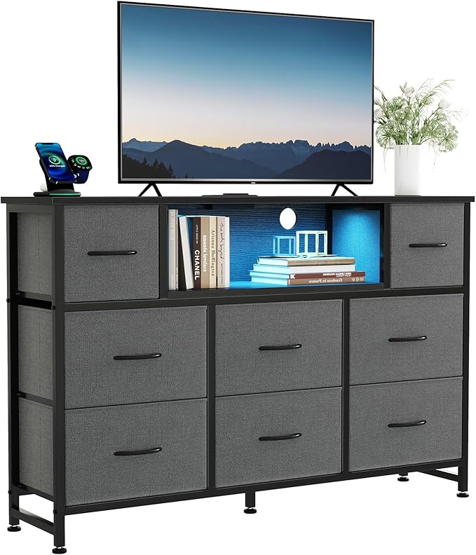 DUMOS TV Stand Dresser with 8 Fabric Drawers and Open Shelves LED Entertainment Center with Charging Station Wood Top Media Console for 45-55 inch Bedroom Grey