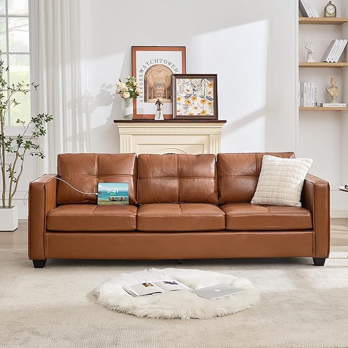 TYBOATLE 88 W Faux Leather Couches for Living Room w/Side Pockets Mid-Century Modern Tufted Comfy Leather Couch w/USB and Wider Arms 3 Seater Sofa for Office Apartment Bedroom