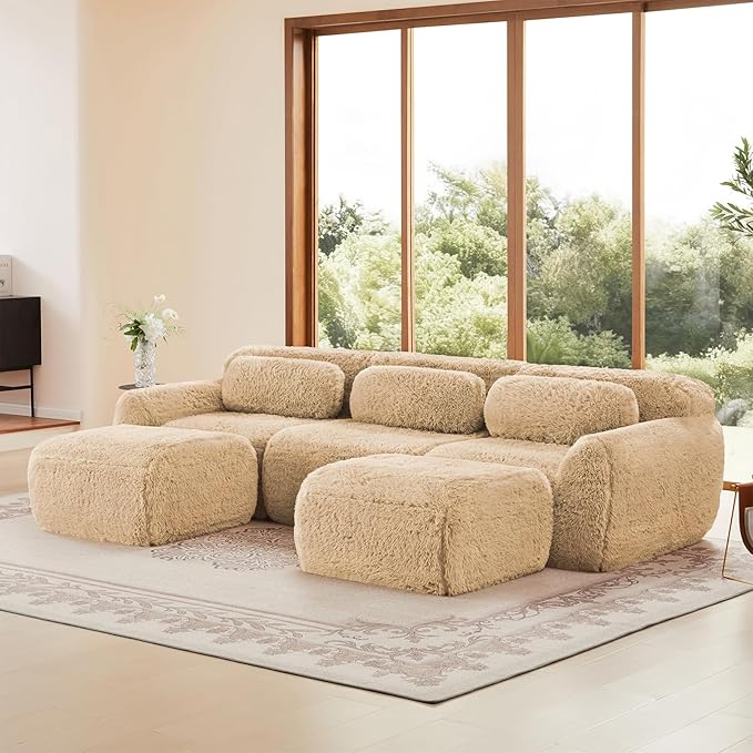 115 Sectional Couches for Living Room Comfy Boneless Couch 3 Seater Cloud Sofa Compressed U Shaped Couch with 2 Ottomans Modern Modular Sectional Plush Floor Sofa No Assembly (Camel)