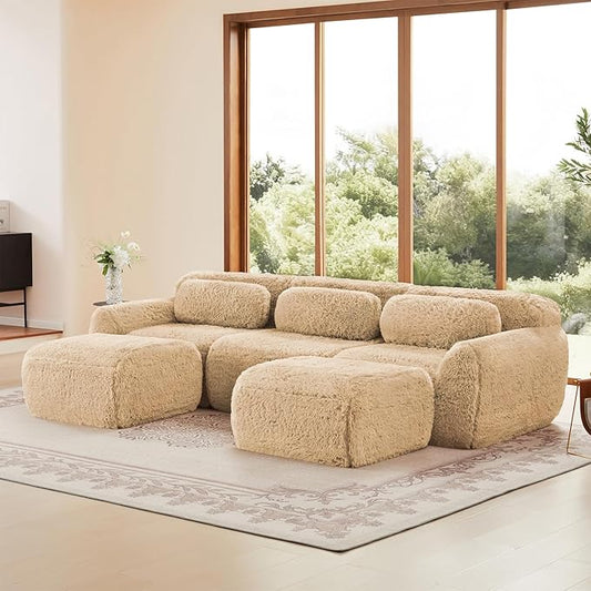 115 Sectional Couches for Living Room Comfy Boneless Couch 3 Seater Cloud Sofa Compressed U Shaped Couch with 2 Ottomans Modern Modular Sectional Plush Floor Sofa No Assembly (Camel)