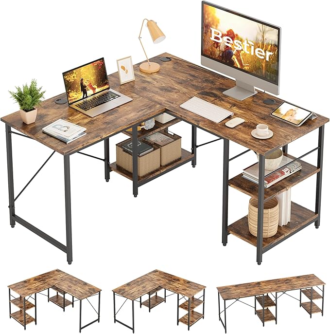 Bestier L Shaped Desk with Shelves 86.6 Inch Reversible Corner Computer Desk or 2 Person Long Table for Home Office Large Gaming Writing Storage Workstation P2 Board with 3 Cable Holes Rustic Brown