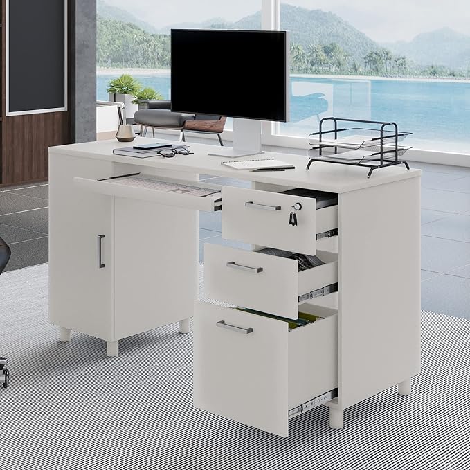 Modern Design Venice Computer Office Desk with 3 Locking Drawers and Storage Cabinet 53 Inch Home and Office Executive White Desk with Keyboard Tray by Crafts and Comfort
