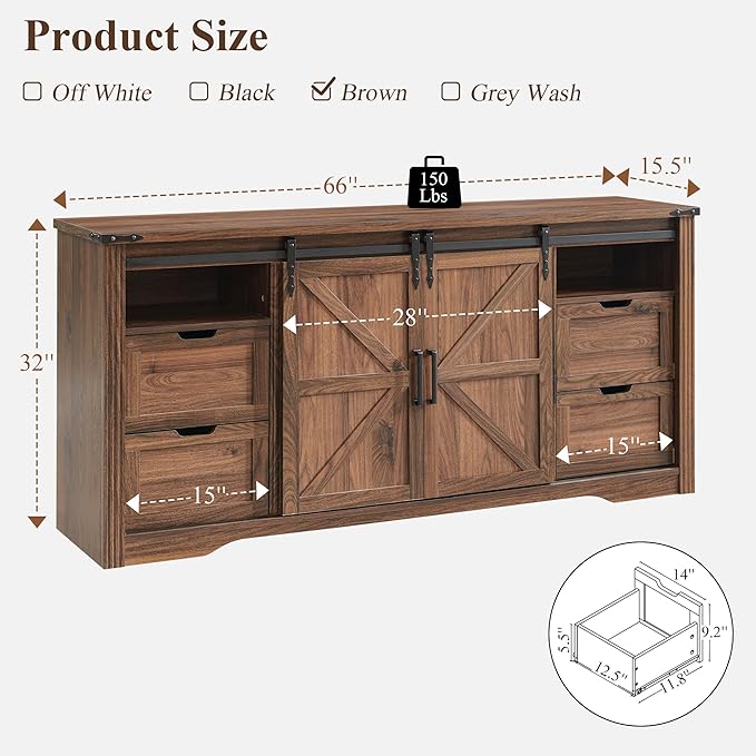 JXQTLINGMU Farmhouse TV Stand for 75+ Inch TV 32 Tall Entertainment Center w/4 Drawers &amp Sliding Barn Door Rustic Media Console w/Storage Shelves 66 Wood Television Stand for Living Room Bro