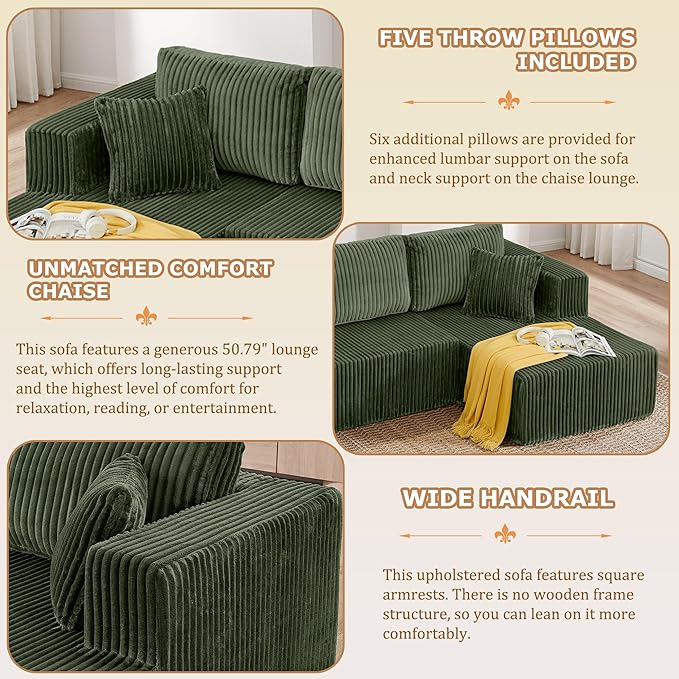Cloud Couch U-Shaped Sectional Sofa 132.5'' Modular Boneless Couches for Living Room Corduroy Deep Seat Sofa with 2 Chaise Lounges and 1 Loveseat No Assembly Required (Green U Shape)