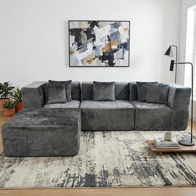 · REDEARTH · 4-Seater Modular Velvet Sectional Sofa No-Assembly L-Shaped Compressed Couch in a Box with Ottoman Boneless Modular System in Plush Velvet for Living Room (3-Seater + Ottoman)Dark Gray