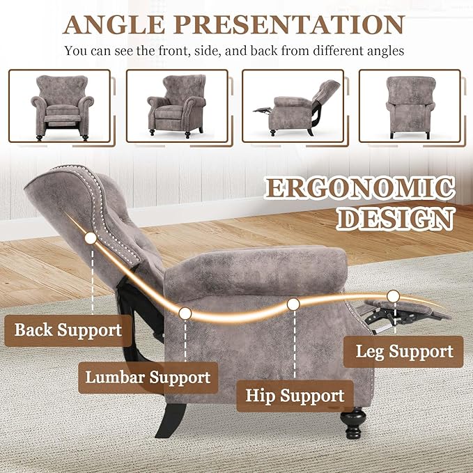 Mid Century Wingback Recliner Fabric Push Back Recliner Chair Single Rolled Armchair Sofa with Rivet Decoration Accent Chairs with Stable Hump Feet for Living Room (Brown Gray)