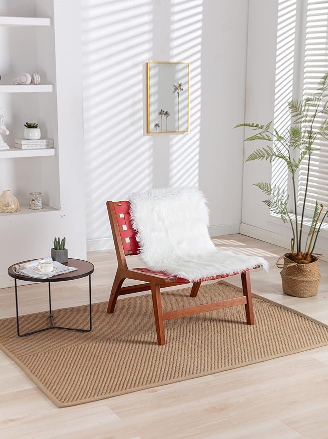 Solid Wood Frame Chair with White Faux Wool. Modern Accent Chair Lounge Chair for Living Room