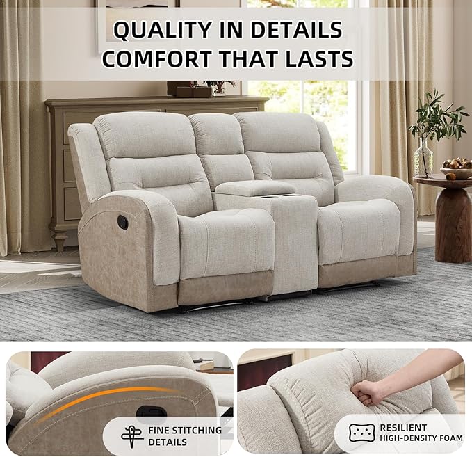 EBELLO Loveseat Recliner with Center Console Soft Fabric 2-Seater Manual Recliner Sofa Hidden Storage &amp Cup Holders Wall-Hugger Reclining Sofa for Living Room RV Beige