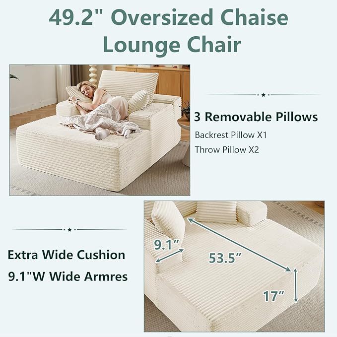 50 Oversized Chaise Lounge Chair IndoorCorduroy Boneless Reading Chair with 3 PillowsDeep Seat Cloud Sofa BedComfy Modern Sleeper Chairs in Box for Living Room BedroomNo Assembly(White)