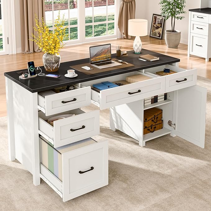 Farmhouse 61 Executive Desk with 5 DrawersRustic Office Computer Desk with Charging StationFile Drawers and Storage Cabinet Wood Workstation for Home Office and Study Black.
