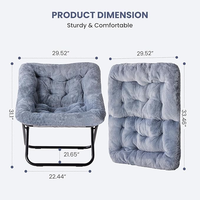 Foldable Saucer Chair with Soft Faux Fur Multi-Scene Lounge Chair for Living Room Bedroom Reading Chair for Adults &amp KidsMoon Chair (Gray)