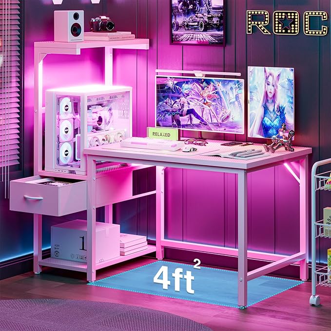 Grandder Gaming Desk 41 Inch with CPU Stand and LED Light Computer Desk with Reversible Shelves and Storage Drawer Pc Small Desk for Home Office Table with Bag Pink