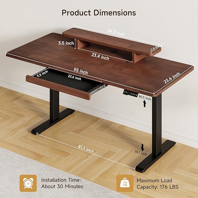 ONBRILL Standing Desk with Drawer 55x23.6 Inches Solid Wood Desktop Stand Up Desk with Whole-Piece Board and Storage Shelf Adjustable Height from 28-46 Inches for Home &amp Office Black Walnut