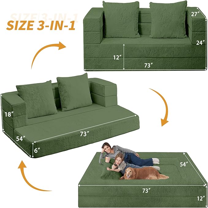 Futon Sofa Bed with Pillow 3-in-1 Sleeper Sofa Bed with Removable Cover Convertible Floor Sofa Bed No Assembly Boneless Couch for Living Room Bedroom