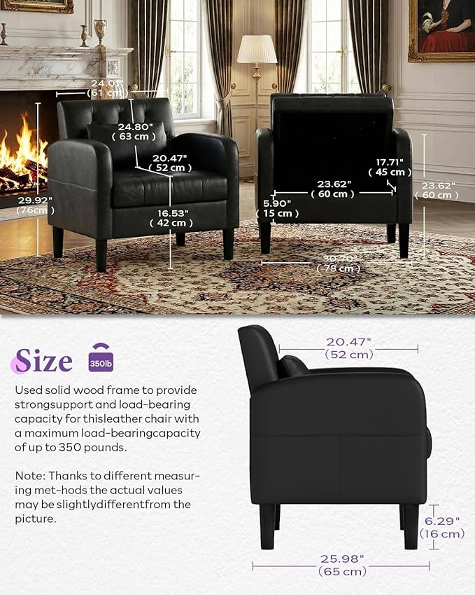 TYBOATLE Leather Chairs w/Storage Comfy Modern Living Room Chairs Black Accent Chair Set of 2 for Reading Armchair for Bedroom Waiting Room Office (2 Black)