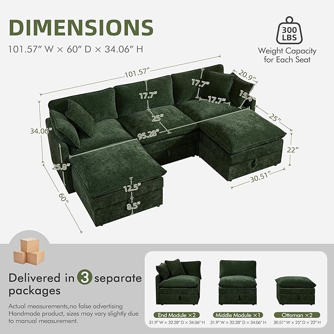 WorthFurni Modular Sectional Sofa with Storage Ottomans102 U-Shaped Cloud CouchComfy Modern Couches with Pillows &amp Upholstered Deep Seat Cushion for Apartment Living Room Bedroom（Green）