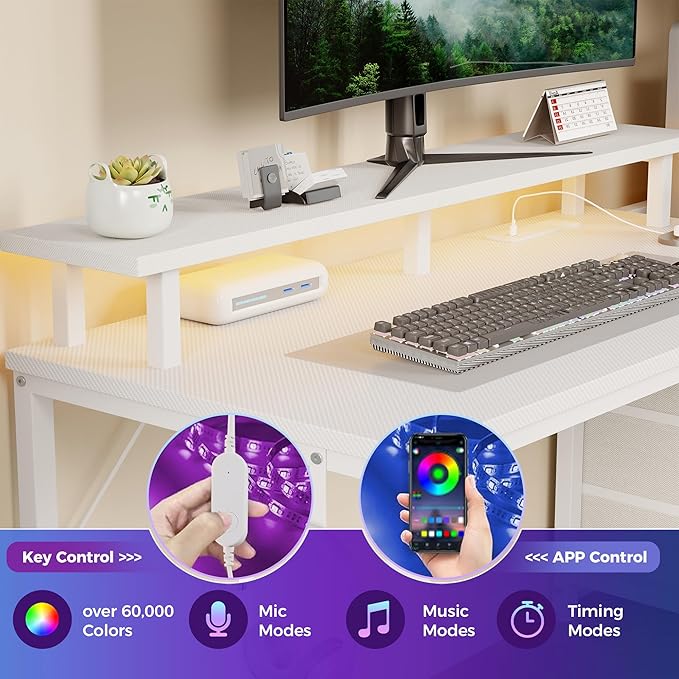 DUMOS L Shaped Gaming Desk with Shelves Storage Drawers 52'' White Computer Desks with LED Lights Power Outlets Office Wood Table with PC Stand Cable Management for Bedroom Dual Monitor Streaming