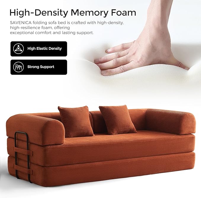 79 Convertible Sofa Bed with Fixed-Shape Frame &amp Removable Armrests Modular Corduroy Sleeper Sofa Folding Mattress Couch for Small Spaces - No Assembly Needed in Orange (Includes 2 Pillows)