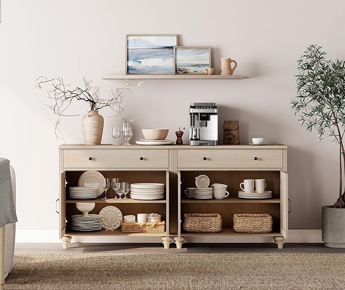 WAMPAT Farmhouse TV Stand for 85 inch TV with 8 Doors and 4 Drawers Wood Universal TV Stand with Large Storage Cabinets Beige Entertainment Center TV Console Table for Living Room Bedroom
