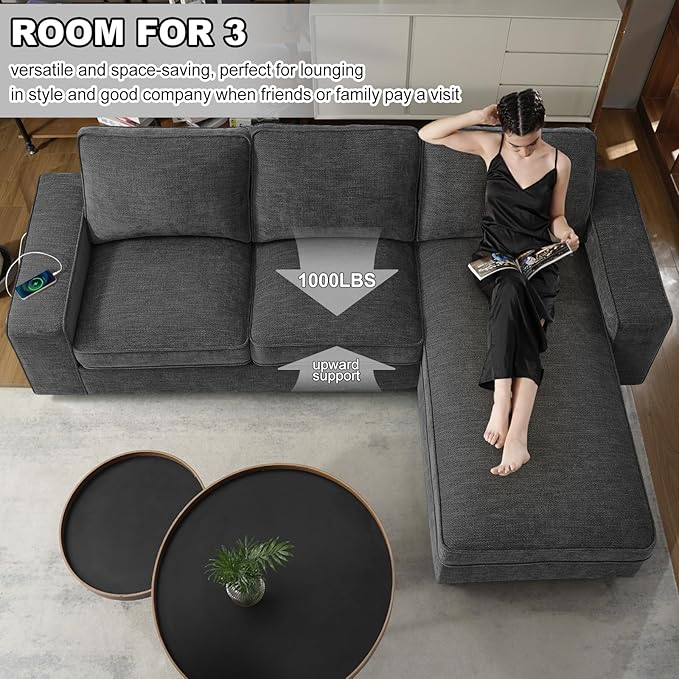 COOSLEEP 99” L-Shape Convertible Sectional Couches Sofas with 190L Storage Chaise Chenilee Sofas with Removable Cushion and Detachable CoverUSB Charging for Living Room(Dark Grey)
