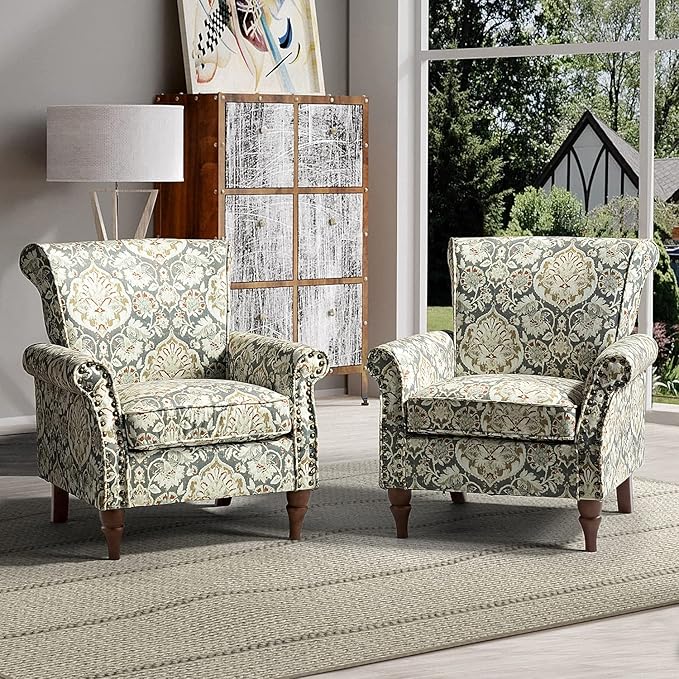HULALA HOME Modern Wingback Accent Chairs Set of 2 with Wood Legs &amp Removable Cushion Comfy Upholstered Armchairs with Nailhead Trim Floral Pattern Single Sofa Chairs for Living Room Bedroom Pi