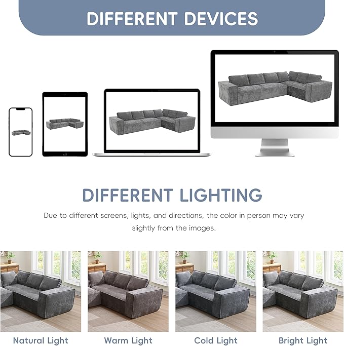 129.5 Minimalist Style Modular Sectional Sofa 6 Seat Wrinkle-Resistant Chenille Couch Set 2 PC Free Combination Modern L-Shaped Cloud Sofa Set for Living Room (Gray-ER11)