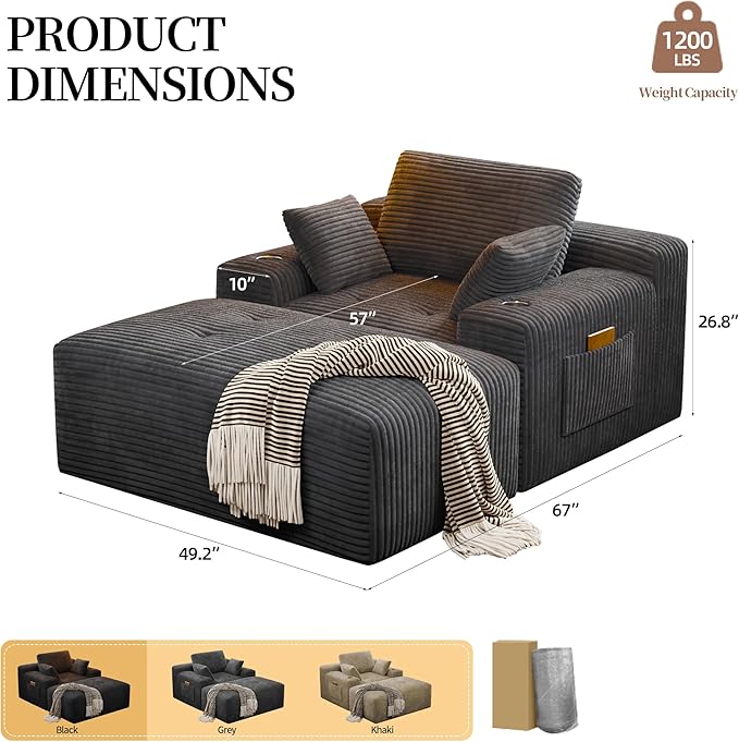 MoonSpeak 67 Boneless Reading Chair with Lounges Chaise Indoor Corduroy Cloud Couch with 1 Ottoman Upholstered Sleeper Sofa Bed with Wide Armrest and 3 Pillows for Living RoomReading Room (Gray)