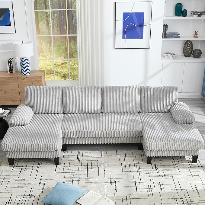 114 Cloud Couch Modular Sectional Sofa Convertible U-Shaped Couch with Double Chaise Lounge Corduroy Upholstery Sofa Double Cushions Deep Seat Sleeper Sofas Couches for Living Room Light Grey
