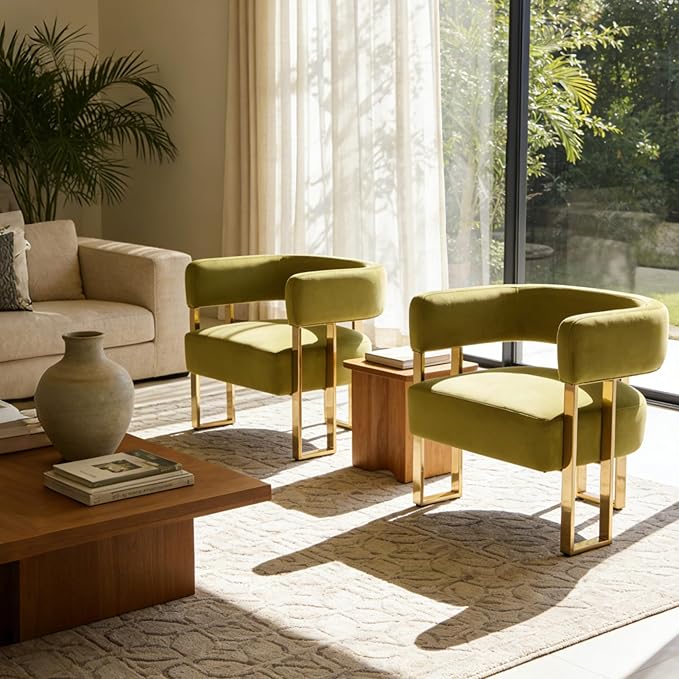 Barrel Accent Chair with Metal Frame Legs Modern Velvet Living Room Chairs Mid Century Upholstered Single Lounge Sofa Armchair for Living Room/Bedroom/Reading Room Olive