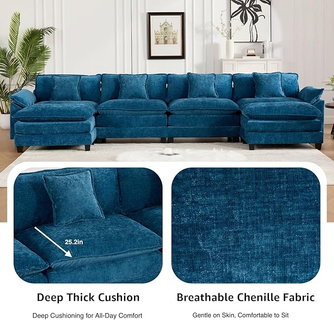 117.9 Modern Cozy Sectional Couches for Living Room Blue Chenille Comfy Cloud Couch Sectional 3 Seater Couch for Living Room Sofas para Sala I Shaped Sofas &amp Couches (Blue 3+0 Set)