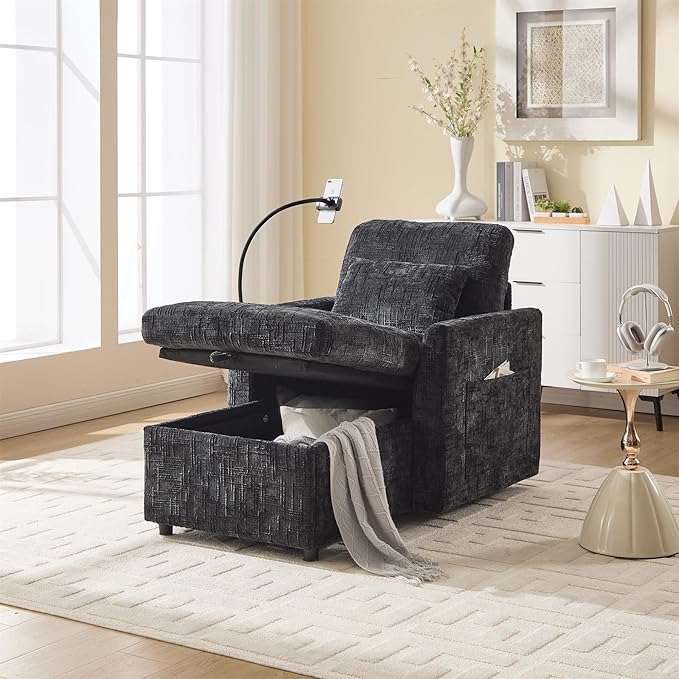 Multifunctional Recliner Sofa Chair with Storage Phone Holder &amp Adjustable Backrest Chenille Fabric Single Leisure Chair for Living Room Bedroom Small Spaces (Black)