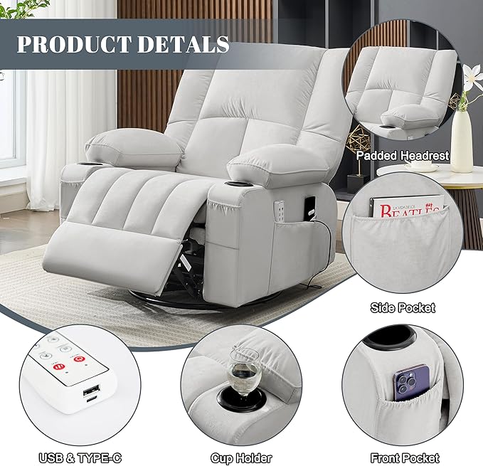 Oversized Recliner Chairs for Adults 270° Swivel Rocker Recliner with Heat and Massage Lazy Boy ReclinerRecliner Chairs Single Sofa Seat with Cup Holders (LightGreyElectric)