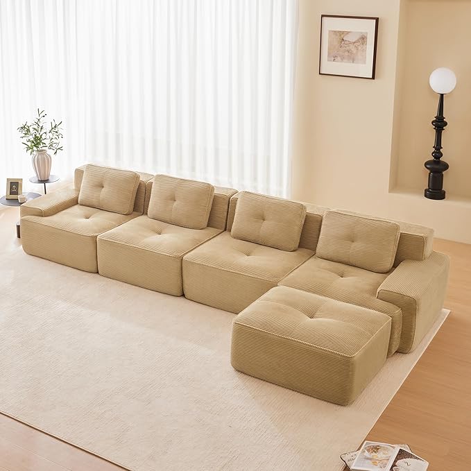 Modular Sectional Boneless Sofa 150” Corduroy L Shaped Sofa Couch with Movable Ottoman Modern 4-Seat Sofas Comfy Deep Seat Couches for Living Room Apartment No Assembly Camel
