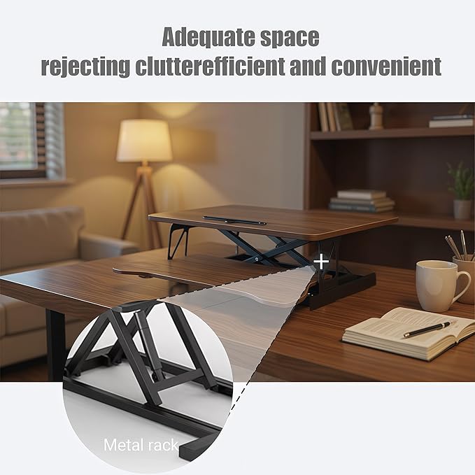 32 Inch Height Adjustable Stand Up Desk Riser Heavy Duty Computer Workstation with Removable Keyboard Tray - Ergonomic Design for Home Office Workshop Gaming Spacious Platform(Walnut)