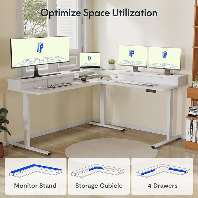 FLEXISPOT 71 Large L Shaped Standing Desk Electric Corner Table with Shelf 4 Storage Drawers Adjustable Computer Workstation for Home Office Game Studio White Top + White Frame