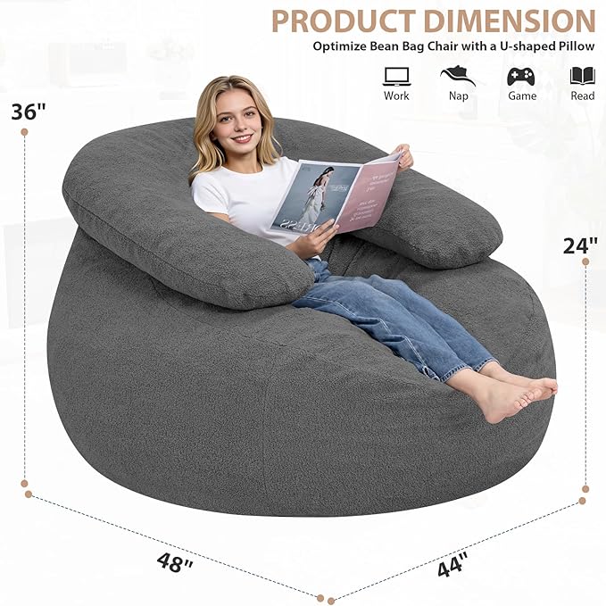 HABUTWAY Giant Bean Bag Chair Oversized Beanbag Chair with Filler Ultra Soft Teddy Fleece Bean Bag Lounge Floor Sofa w/U-Shaped Pillow for Gaming Reading Grey &amp Grey