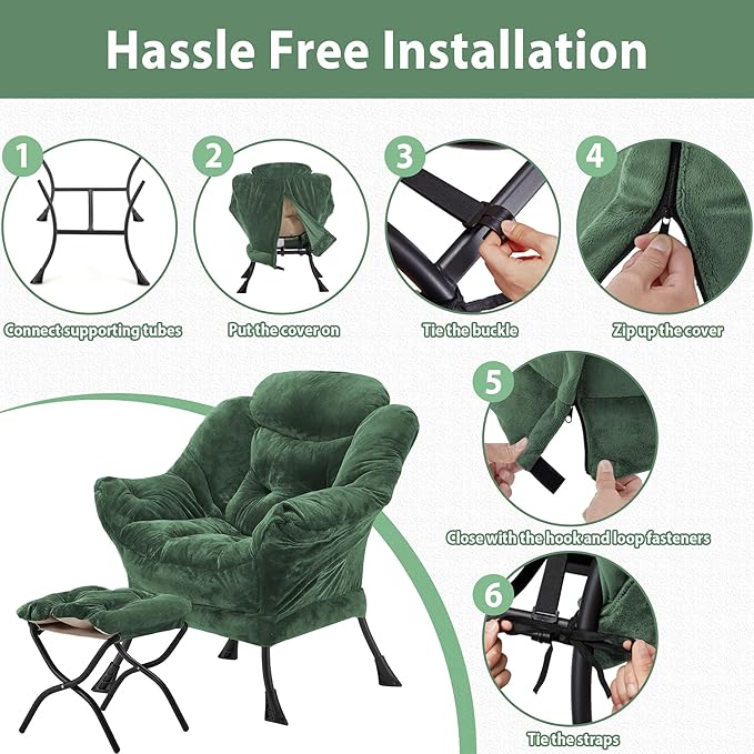 Lazy Chair with Folding Ottoman Accent Chair Plush Upholstered with Metal Structure and Non-Slip Pads Sofa Armchair with Footrest and Side Storage Bag for Dorm Room Office Green