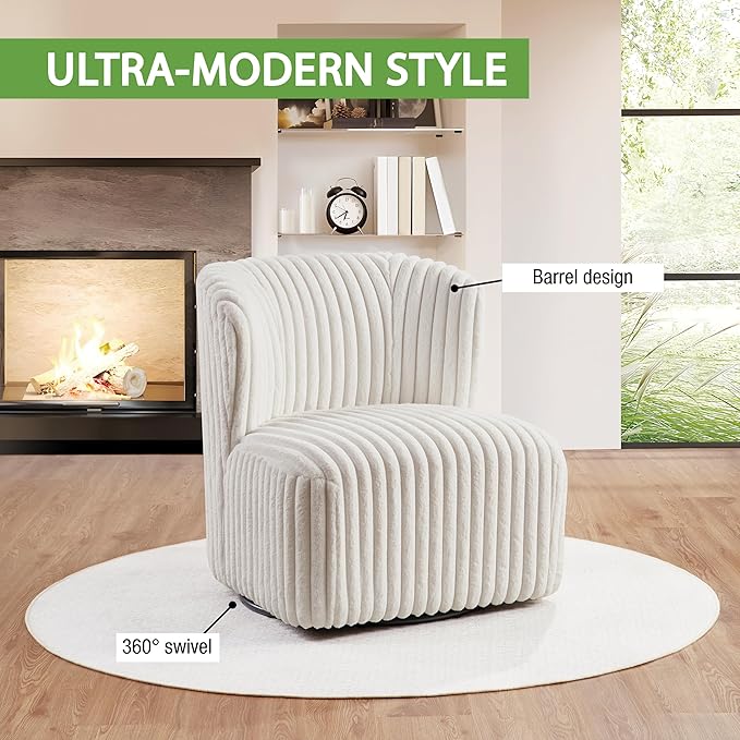 OSP Home Furnishings Lucia Modern Barrel Swivel Accent Chair White Cord Fur Fabric